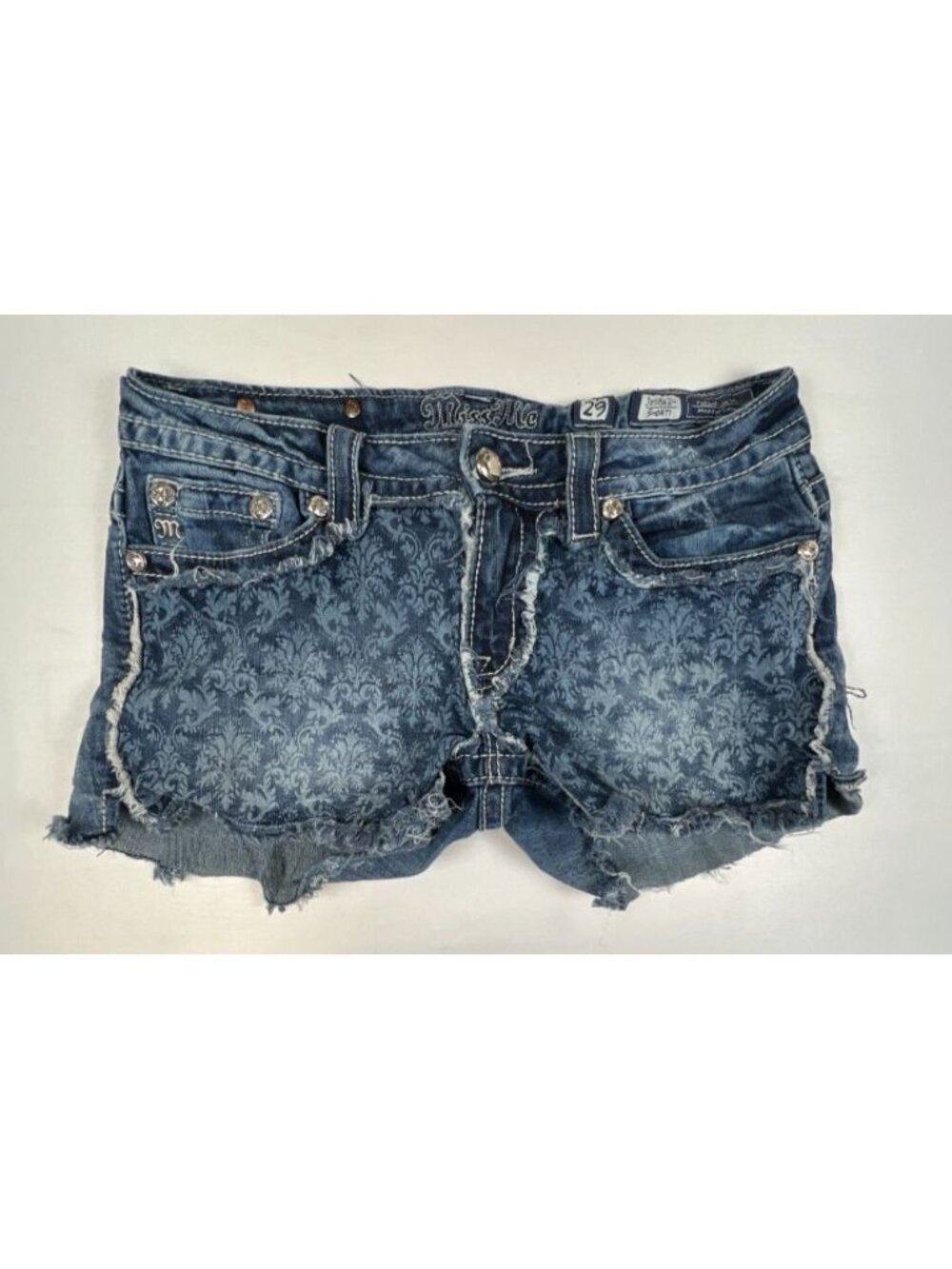 Miss Me Women Size 29 Blue Denim Cutoff Shorts Floral Print Frayed Embellished